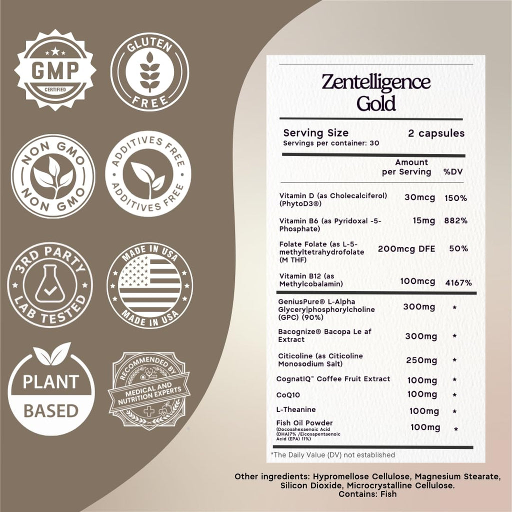 Zen Principle Zentelligence™ Gold Brain Supplement – Memory, Focus & Mental Clarity. Premium Cognitive Support for Adults 40+ with Magnesium, Vitamin D3, CoQ10, Vitamin B12 & L-Theanine. 60 Capsules Zen PrincipleBuy Supplements Australia