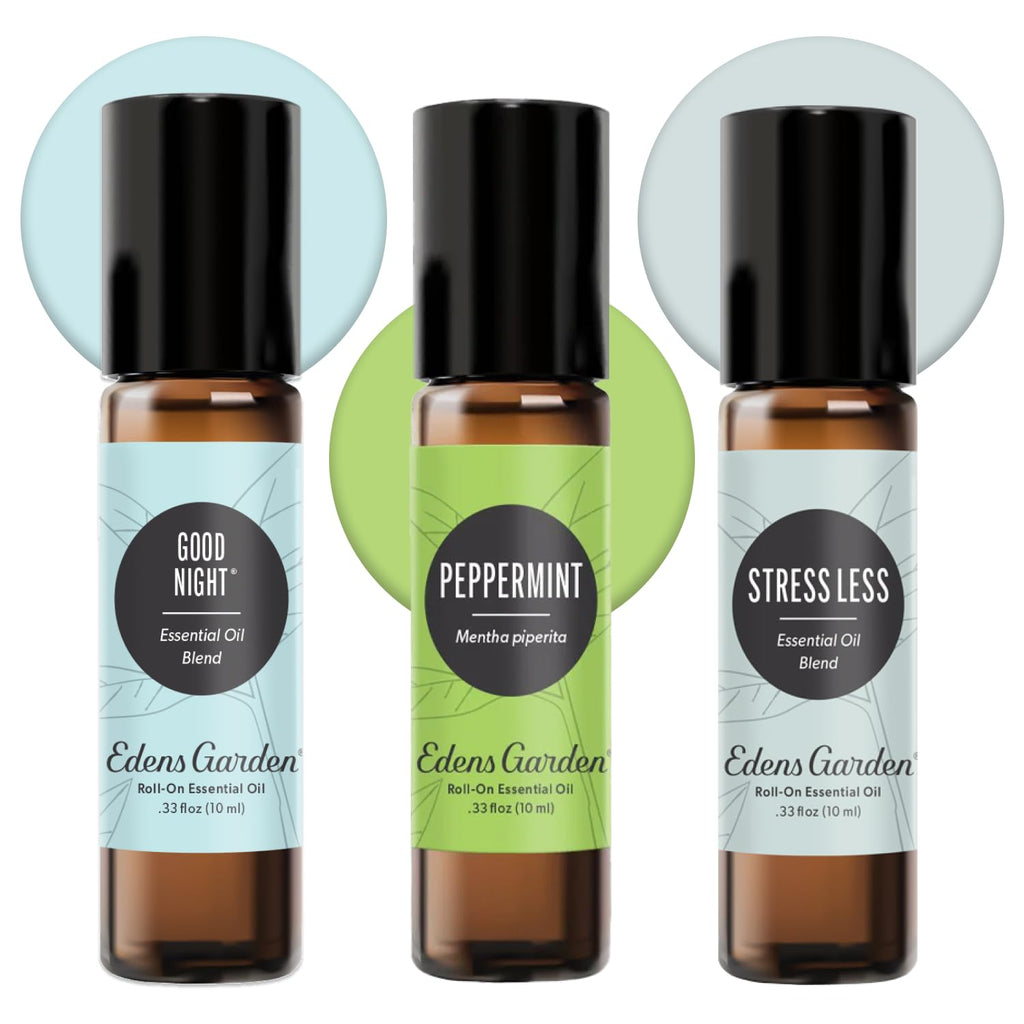 Edens Garden Essential Oil Roll-On Set (Good Night, Peppermint, Stress Less)- Aromatherapy Roller