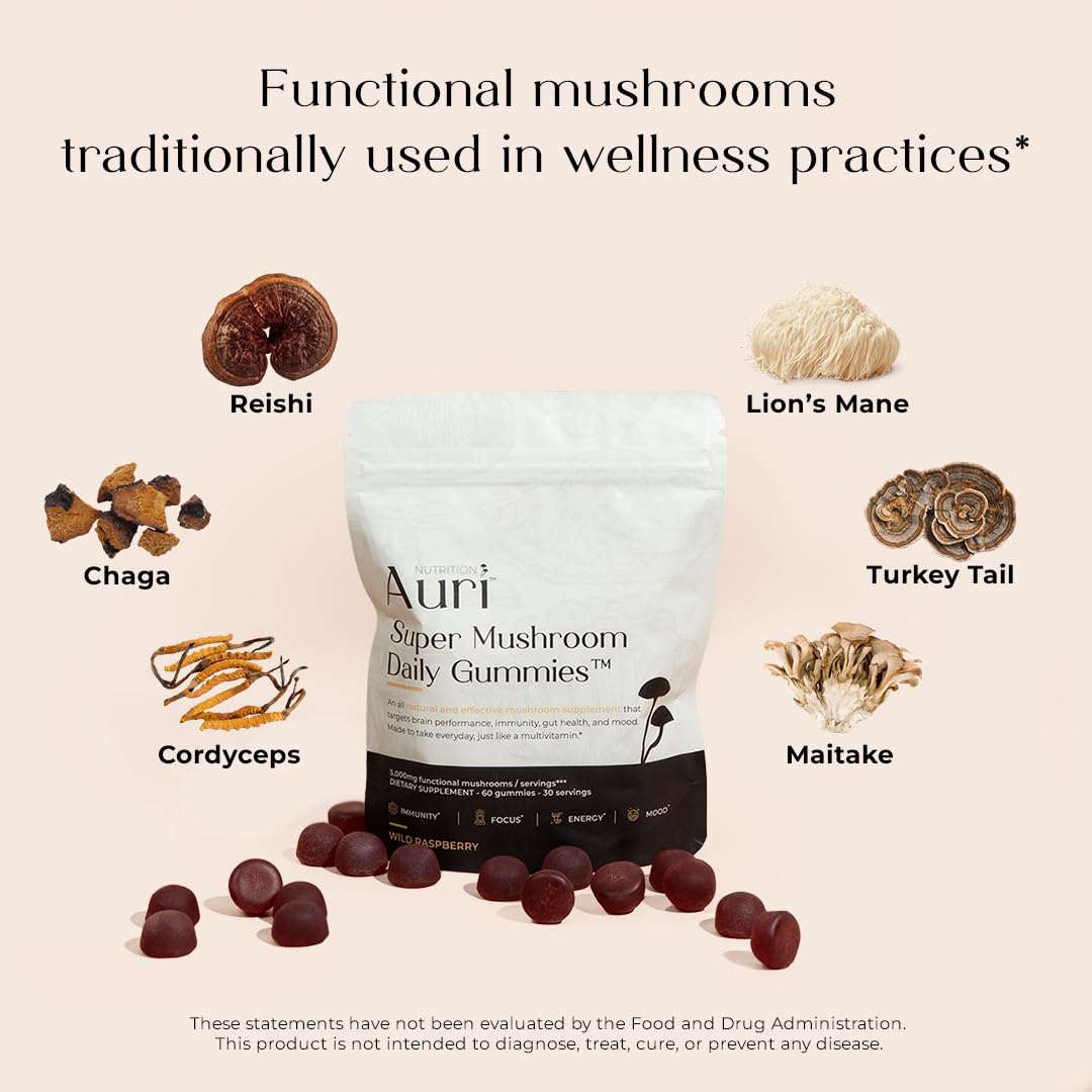 Auri Nutrition Super Mushroom Daily Gummies – All-in-One Functional Gummy with 12 Mushroom Blend Including Lion’s Mane