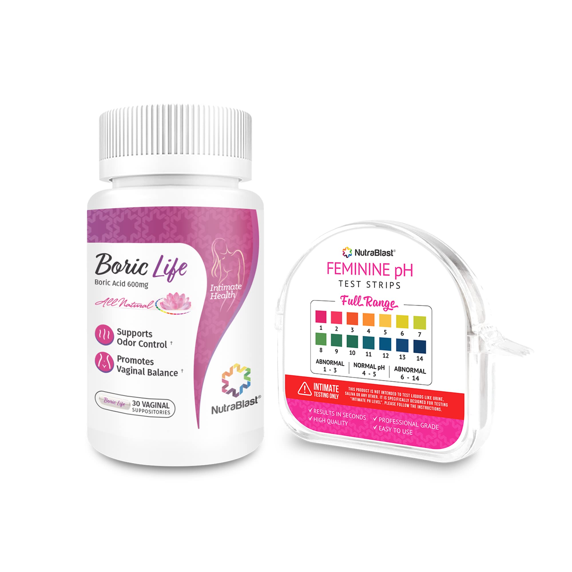 NutraBlast Boric Acid Vaginal Suppositories 600mg (30 Count) & Feminine pH Test Strips 1-14 (100-Tests Roll) | Monitor Feminine Intimate Health | Acidity & Alkalinity Balance NutraBlastBuy Supplements Australia