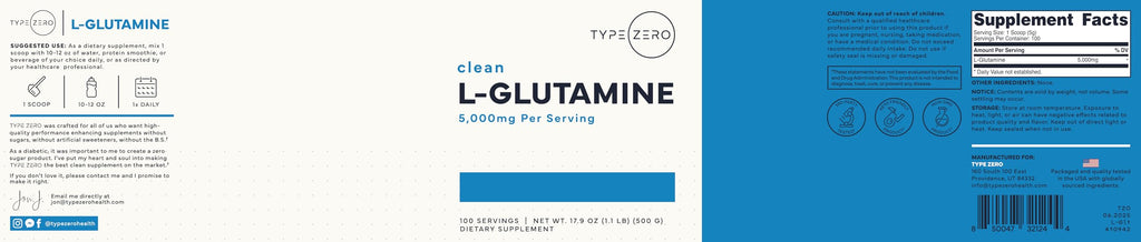 Type Zero L-Glutamine Powder (500G) 3-Month Supply Pure L-Glutamine Supplement - Vegan, Gluten Free, No Fillers Type ZeroBuy Supplements Australia