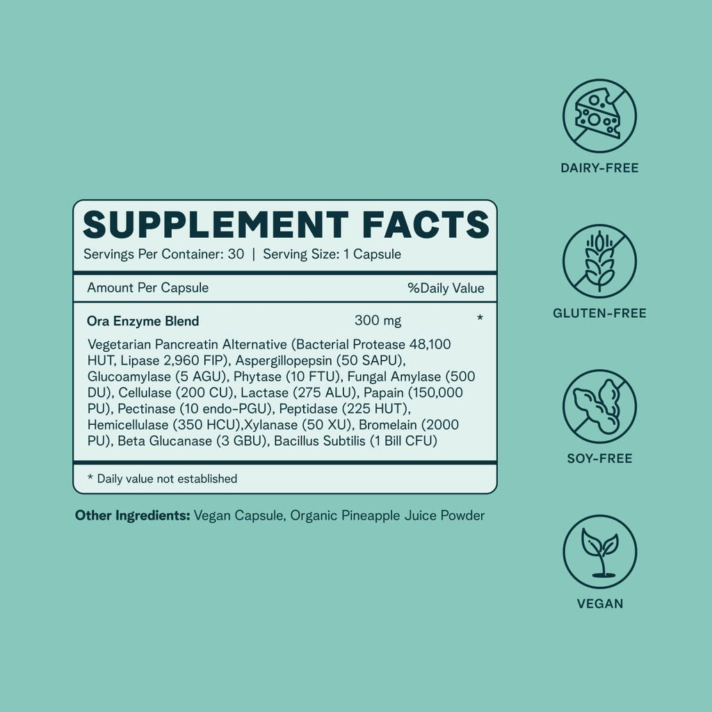 Ora Organic Multi-Enzyme Supplement - Vegan, Gluten Free Enzymes for Digestion with Probiotics for Gut Health, Bloating, Constipation and Gas Relief - 30 Easy to Swallow Capsules Ora OrganicBuy Supplements Australia