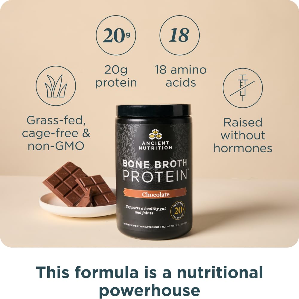 Ancient Nutrition Protein Powder Made from Real Bone Broth, Chocolate, 20g Protein Per Serving, 20 Serving Tub, Gluten Free Hydrolyzed Collagen