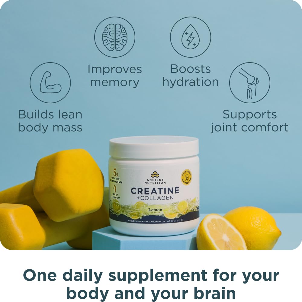 Ancient Nutrition Creatine + Collagen – Muscle Strength, Lean Body Mass, Joint Comfort & Cognitive Support – Includes 5g Creatine Monohydrate for Women + Electrolytes, Lemon, 30 Servings Ancient NutritionBuy Supplements Australia
