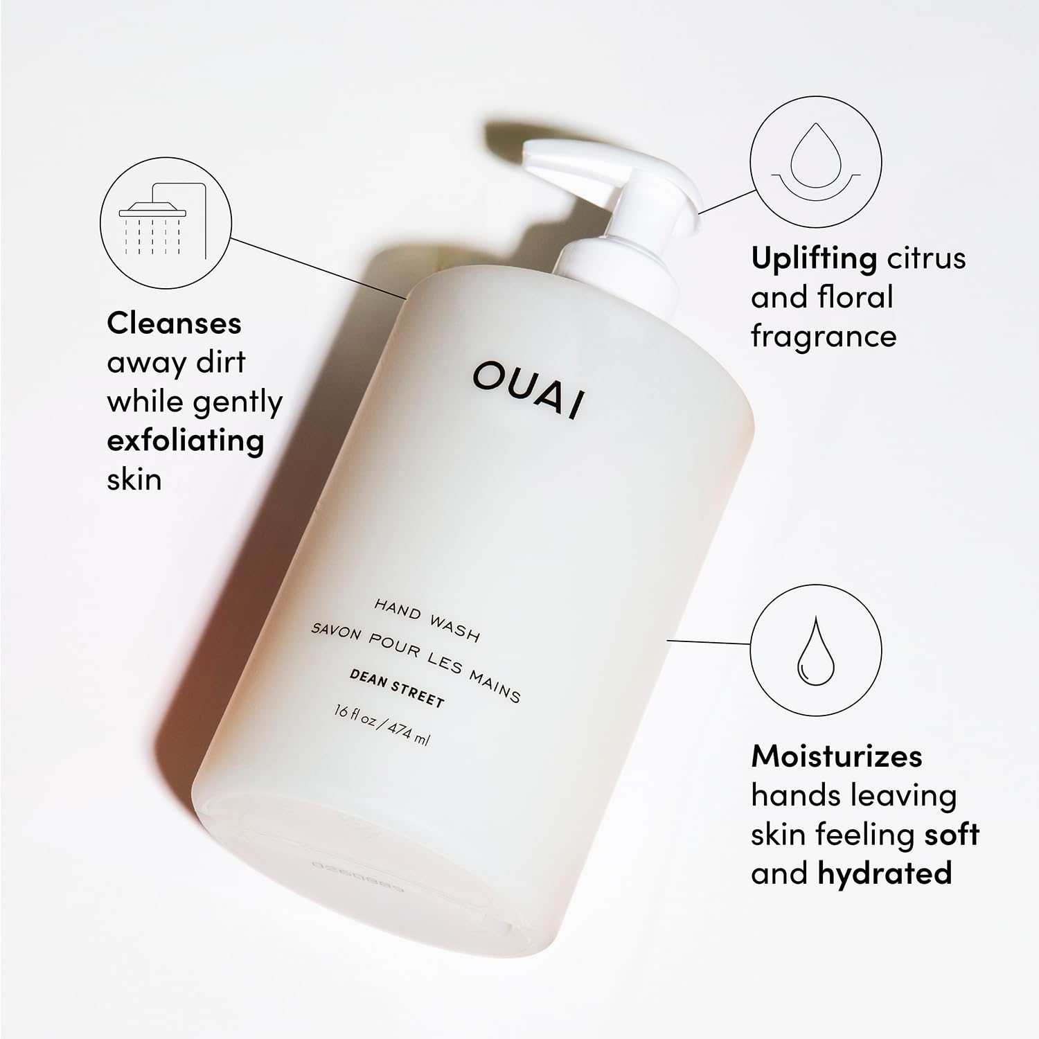 OUAI Hand Wash, Dean Street - Liquid Hand Soap with Jojoba, Avocado, & Rose Hip Oil for Replenished Skin - Gentle Exfoliating Kitchen & Bathroom Soap (16 Fl Oz) OUAIBuy Supplements Australia