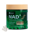 Green supplement jar labeled 'NAD+' with a beige lid on a white background