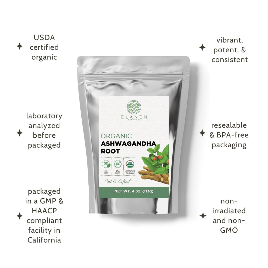 Elanen Naturals Organic Ashwagandha Root 4 oz. (113g), USDA Certified Organic Ashwagandha Root Loose Leaf Tea, Dried Withania somnifera, Cut & Sifted Elanen NaturalsBuy Supplements Australia
