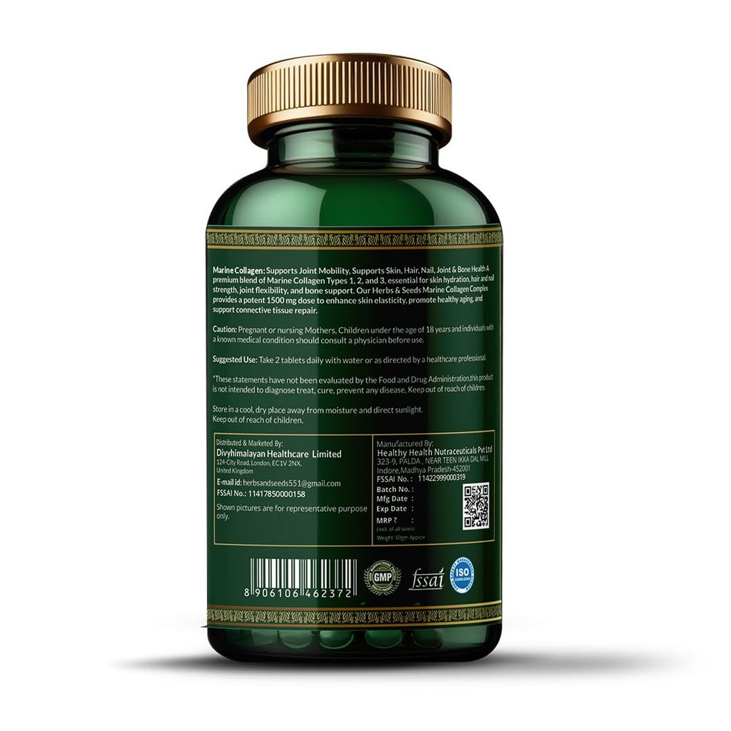 Herbs & Seeds Marine Collagen Pills for Women & Men, 120 Capsules | Type I, II, III, V, X - Hydrolyzed Collagen Peptides with Biotin, Hyaluronic Acid & Vitamin C,E Skin, Hair, Nail & Joint Support HERBS & SEEDS buy supplements Au