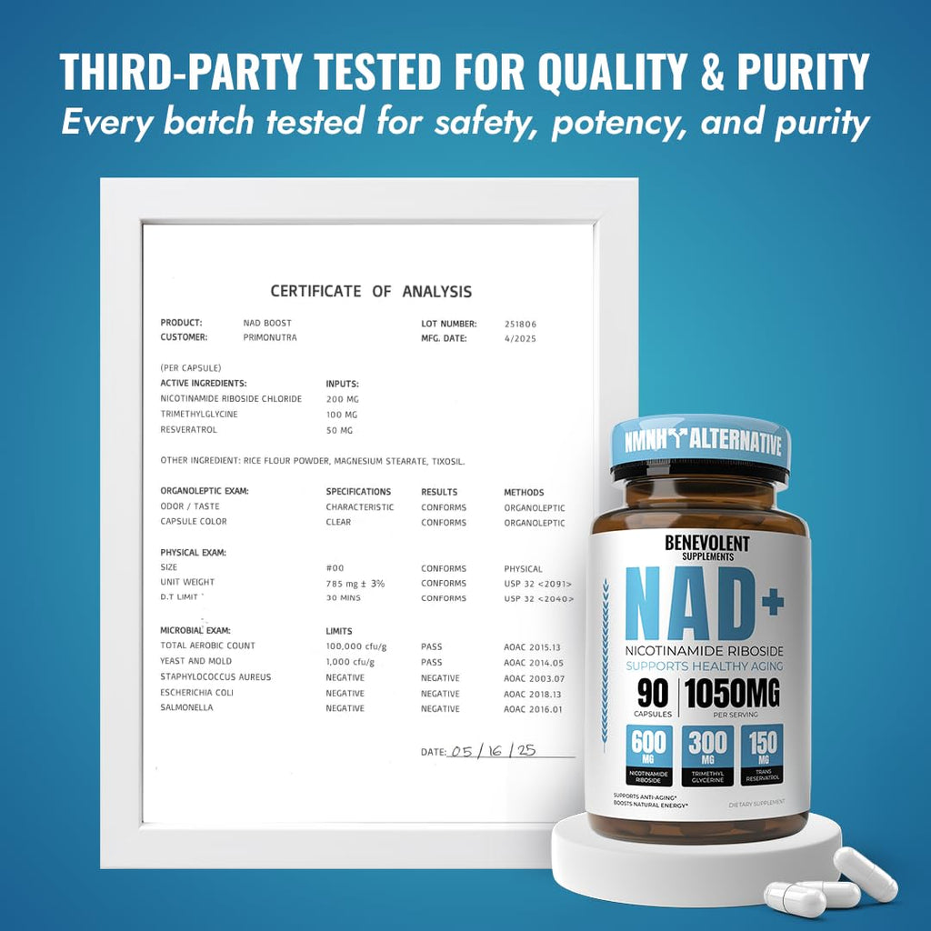 Benevolent NAD+ Supplement 1050mg, Max Absorption 3in1 NAD Supplements for Women & Men with Nicotinamide Riboside, Trans-Resveratrol & TMG, NAD Plus for Cellular Energy, Brain Support & Aging, 90 Caps Benevolent NourishmentBuy Supplements Australia