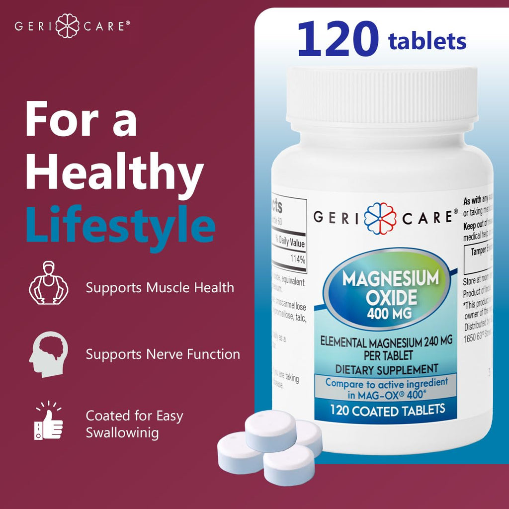 GeriCare Magnesium Oxide Supplement 240 mg of Elemental Magnesium, 120 Tablets, Essential Mineral Support, Promotes Vascular Health, Bone Strength, and Muscle Function (Pack of 1) GeriCareBuy Supplements Australia