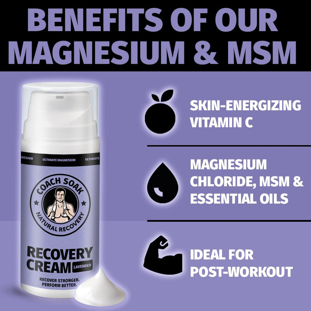 Coach Soak Magnesium Cream with MSM in Pump Bottle - Natural Recovery Cream with Magnesium Chloride & Menthol - Fast-Absorbing for Muscles & Joints, Lavender 3.4oz Coach SoakBuy Supplements Australia