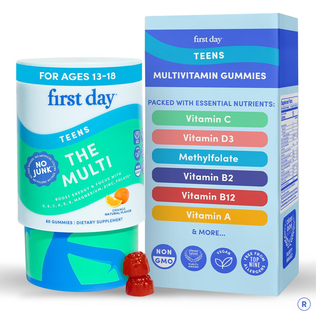 FIRST DAY Vitamins for Teens - Teen Multi Vitamins for Girls & Boys 12-17, Organic Fruit & Veggie Blend - 12 Key Nutrients: Vitamins A
