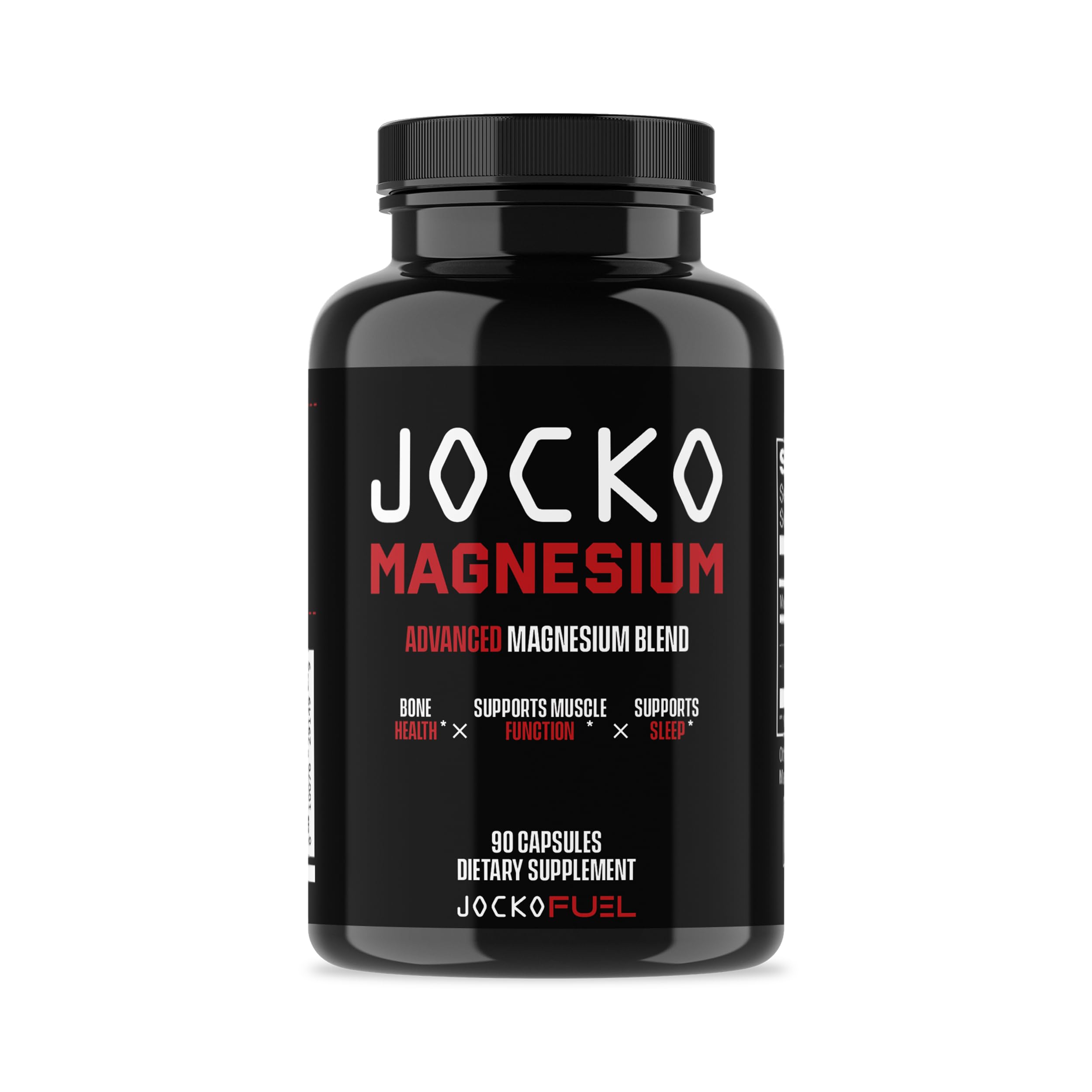 Black supplement bottle labeled 'Jocko Magnesium' on a white background