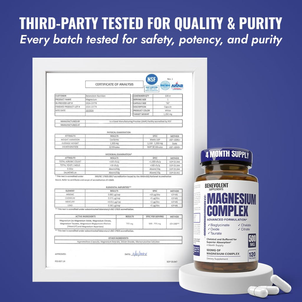 Magnesium Complex Supplement, 4 Month Supply of 500mg 5-in-1 Bisglycinate, Oxide, Taurate, Aspartate, Citrate, Max Absorption Magnesium Supplement for Calm, Sleep & Leg Cramps, 120 Capsule Benevolent Nourishment buy supplements Au