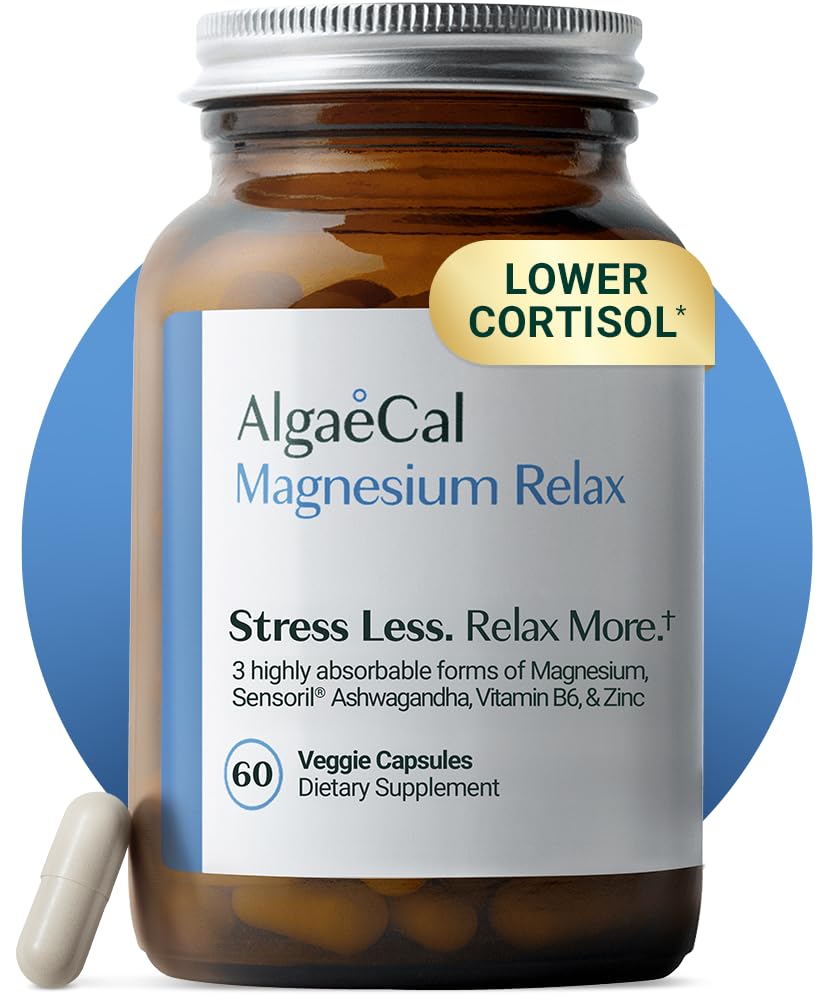 AlgaeCal Magnesium Relax™ - Chelated Magnesium with Ashwagandha for Sleep & Occasional Anxiety - Glycinate, Malate, Citrate - Sleep, Mood, & Cortisol Support (60 Caps - 1 Month Supply) ALGAECALBuy Supplements Australia