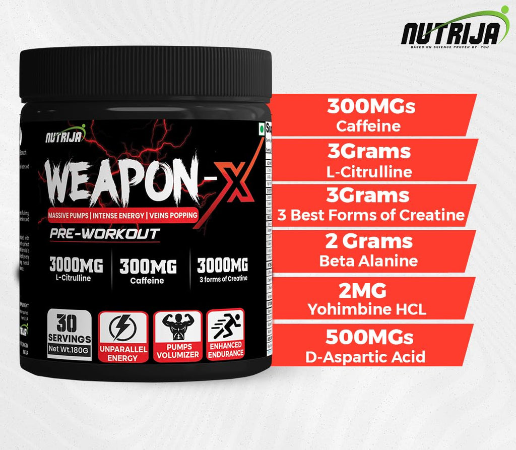 NutriJa Weapon-X Pre-Workout Powder with 21 Active Ingredients - 3 Best Forms of Creatine, AAKG, Beta-Alanine, Caffeinated | Pumps, Viens Popping, Energy, Focus & Strength (30 Servings (Pineapple))
