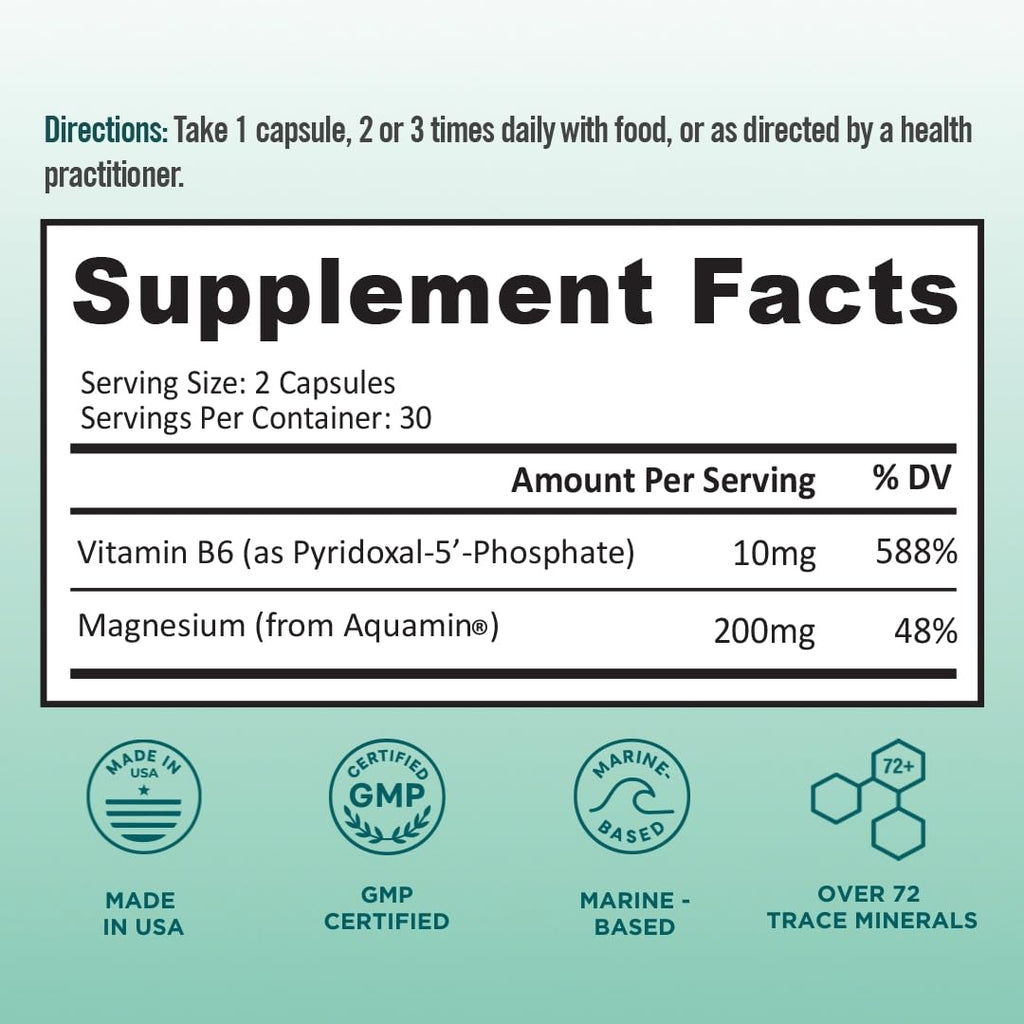 Ocean Magnesium 200mg Aquamin | More Soluble Than Magnesium Glycinate | Whole Food Mag B6 Supplement for Women | Gentle on Stomach & Vegan | Sleep Support, Calms Nerves & Leg Cramps | 60 Ct BB CompanyBuy Supplements Australia
