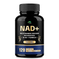 Supplement bottle labeled 'NAD+' with black and gold design on a white background