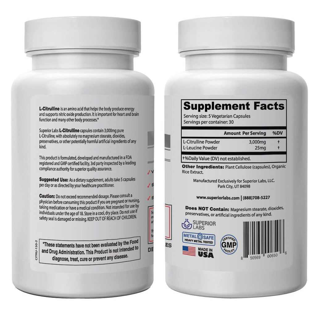Superior Labs – Pure L-Citrulline – Free Form – Optimal 3,000mg Dosage – 150 Vegetable Superior LabsBuy Supplements Australia