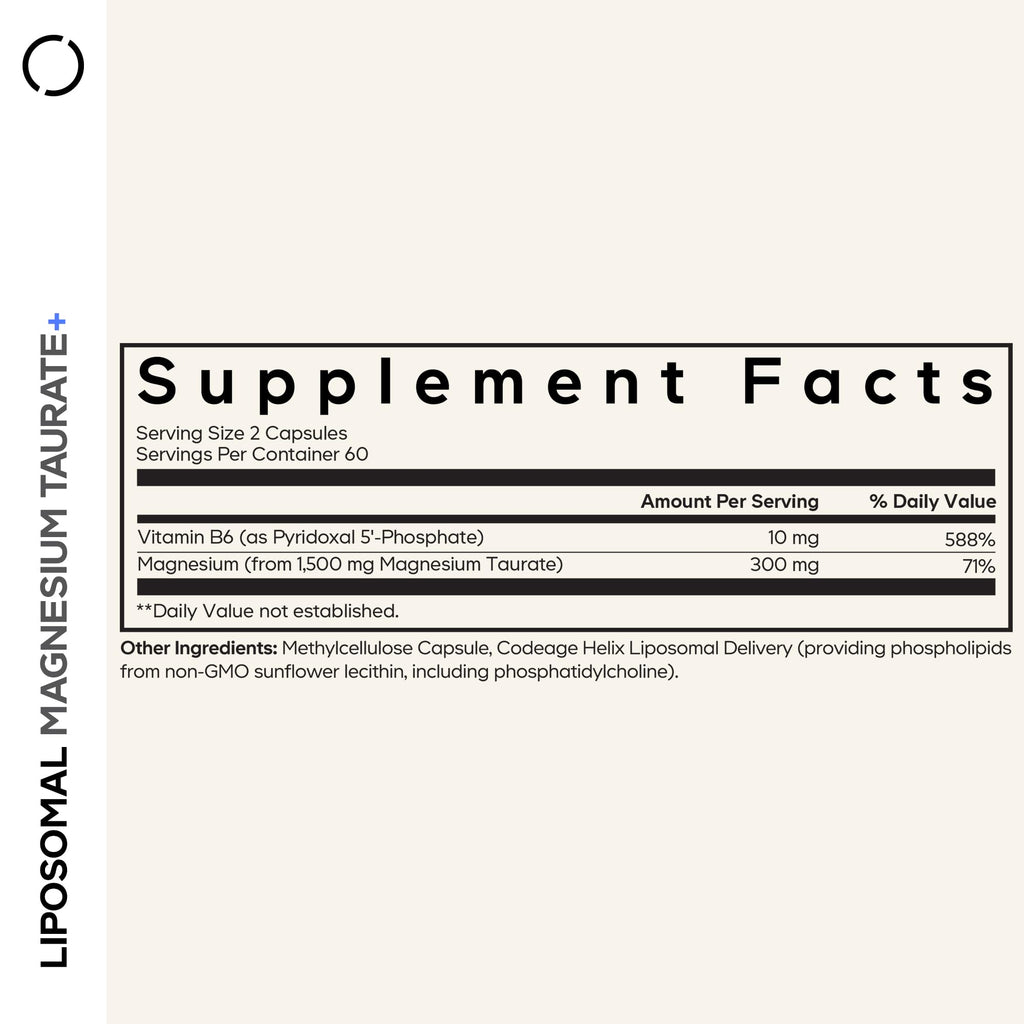 Codeage Liposomal Magnesium Taurate+ Supplement - Magnesium Taurate, Vitamin B6 as Pyridoxal 5-Phosphate, 2-Month Supply - Liposomal Delivery, Vegan, Non-GMO, Gluten-Free, 120 Capsules CodeageBuy Supplements Australia
