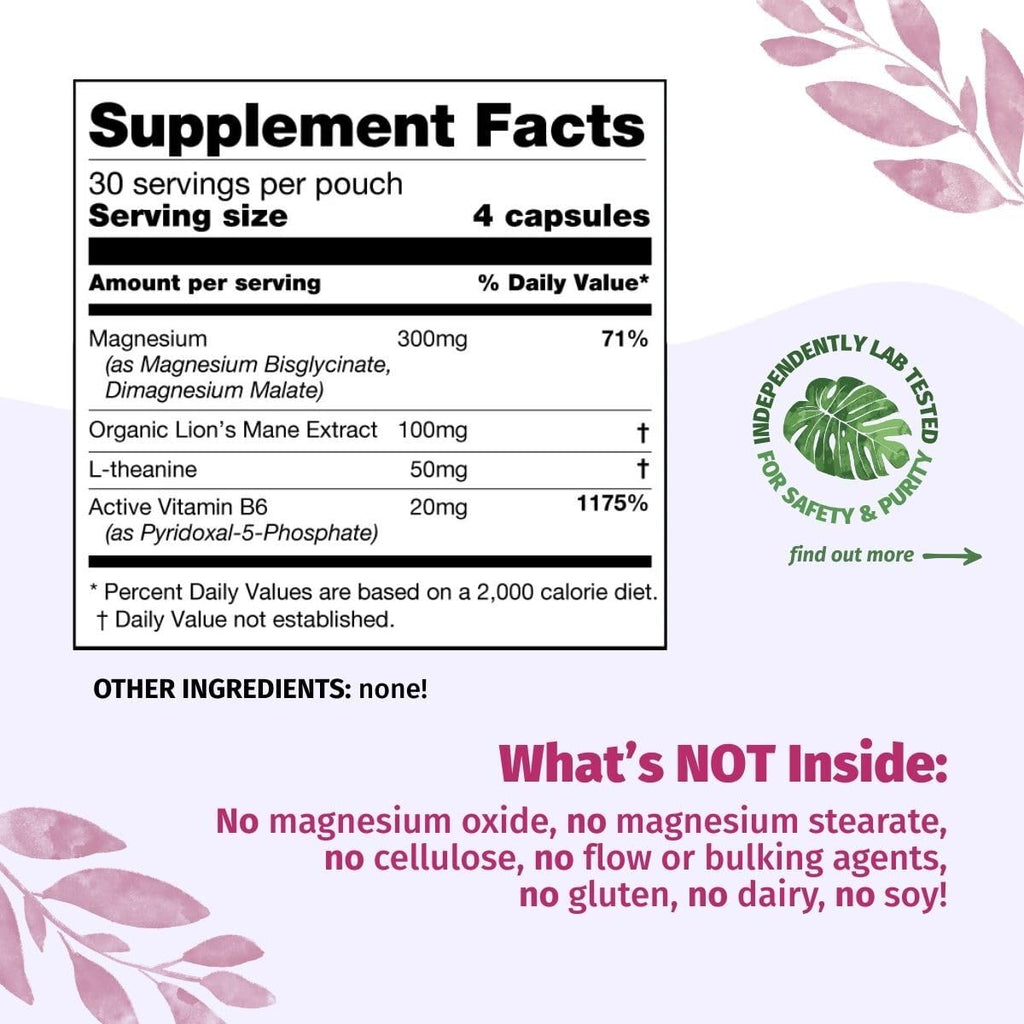 Enhanced Magnesium (Capsules) | Precise 300mg per Serving | Enhancement Blend: Organic Lion's Mane Extract, L-theanine, Active Vitamin B6 | 120 Capsules - by Organic Burst Organic BurstBuy Supplements Australia