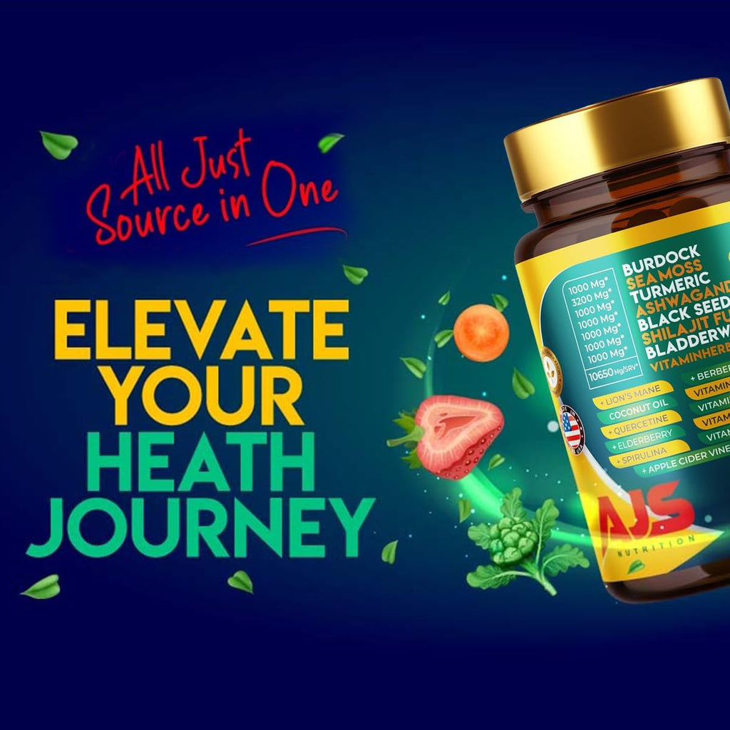 AJS Sea Moss Capsules 3200mg, Himalayan Shilajit 1000mg with Black Seed Oil, Ashwagandha, Turmeric, Bladderwrack, Burdock, Vitamins, Berberine, Lion’s Mane Mushroom, Elderberry- 90 Caps AJS NutritionBuy Supplements Australia