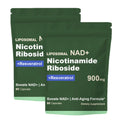 Two green supplement packages labeled 'Liposomal NAD+ Nicotinamide Riboside + Resveratrol' on a white background.