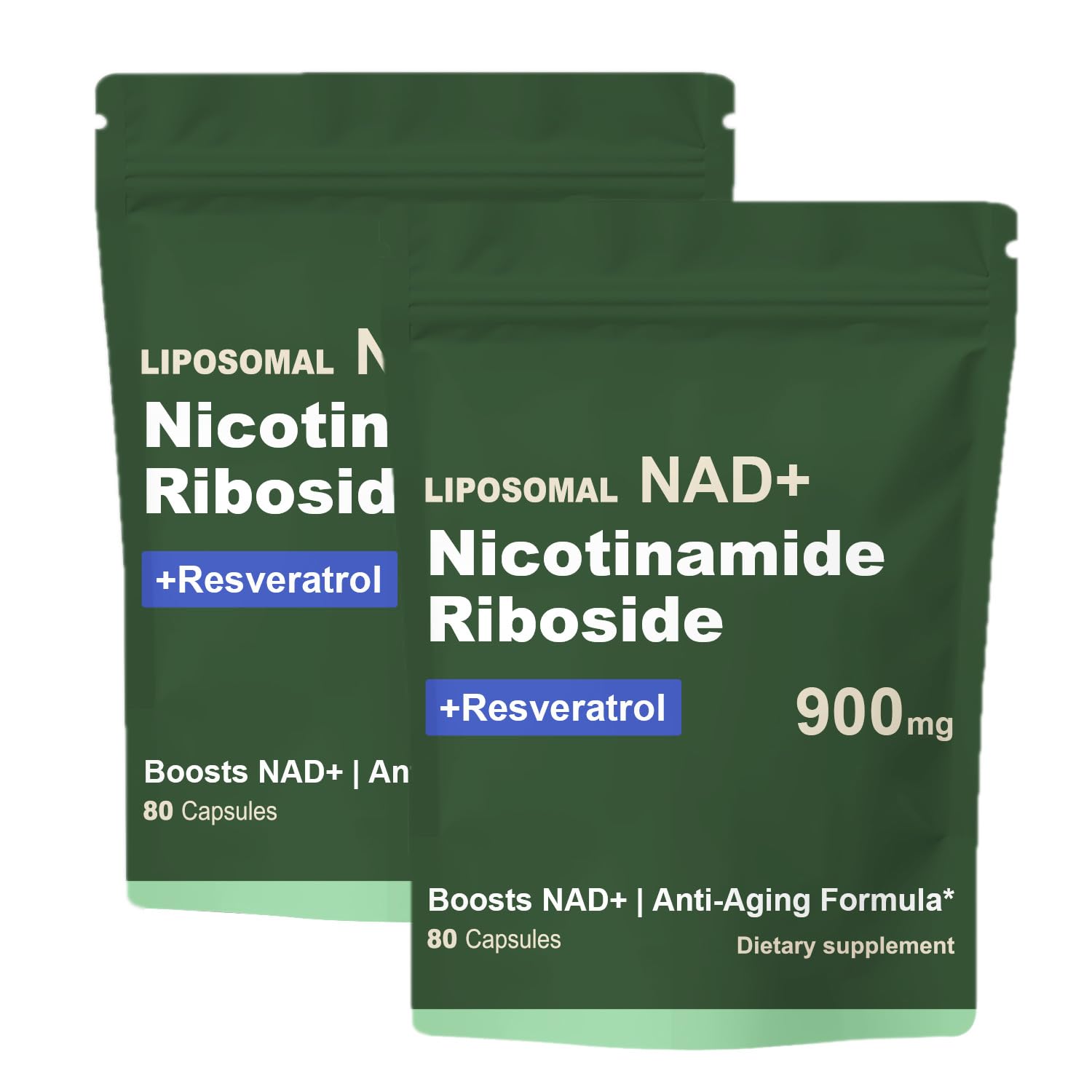 Two green supplement packages labeled 'Liposomal NAD+ Nicotinamide Riboside + Resveratrol' on a white background.
