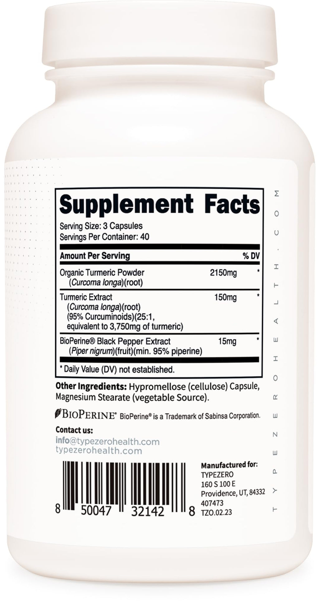 Type Zero Turmeric with Bioperine (120 Capsules) (2300mg per Serving) - GMO Free, Gluten Free, 3rd Party Tested Type ZeroBuy Supplements Australia