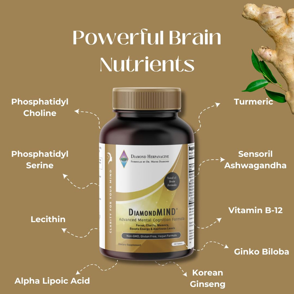 DiamondMIND Brain Support Supplement - Natural Formula for Mental Energy & Cognitive Function - Focus, Clarity, and Memory Supplement - Less Mental Stress - Vegan, Gluten-Free, Dairy-Free - (60 Count) HerpanacineBuy Supplements Australia
