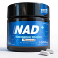 Supplement container labeled 'NAD+ Nicotinamide Riboside + Resveratrol' with blue label and black lid.