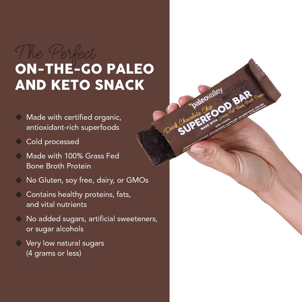 Paleovalley Superfood Bars – Dark Chocolate Chip– 10 Pack – 9g Protein per Bar – Gluten-Free, Grain-Free, Paleo, Non-GMO – On-the-Go Snack PaleovalleyBuy Supplements Australia