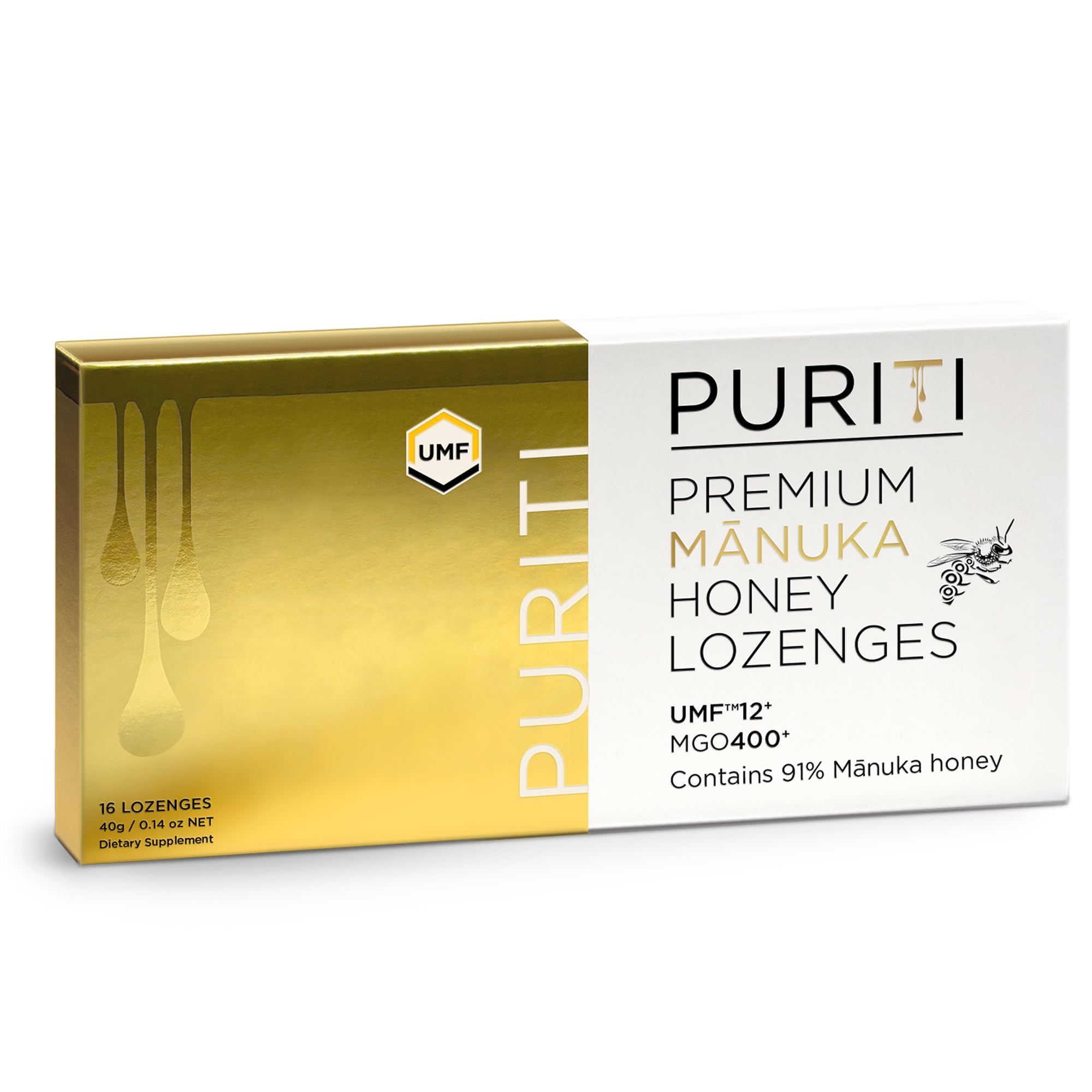 PURITI Premium Manuka Honey Lozenges High Potency - Sugar Free Drops | Genuine New Zealand Raw Manuka Honey Soothers for Coughs & Sore Throats | UMF Certified MGO 400+ UMF12+ (16 Pack) PURITI buy supplements Au