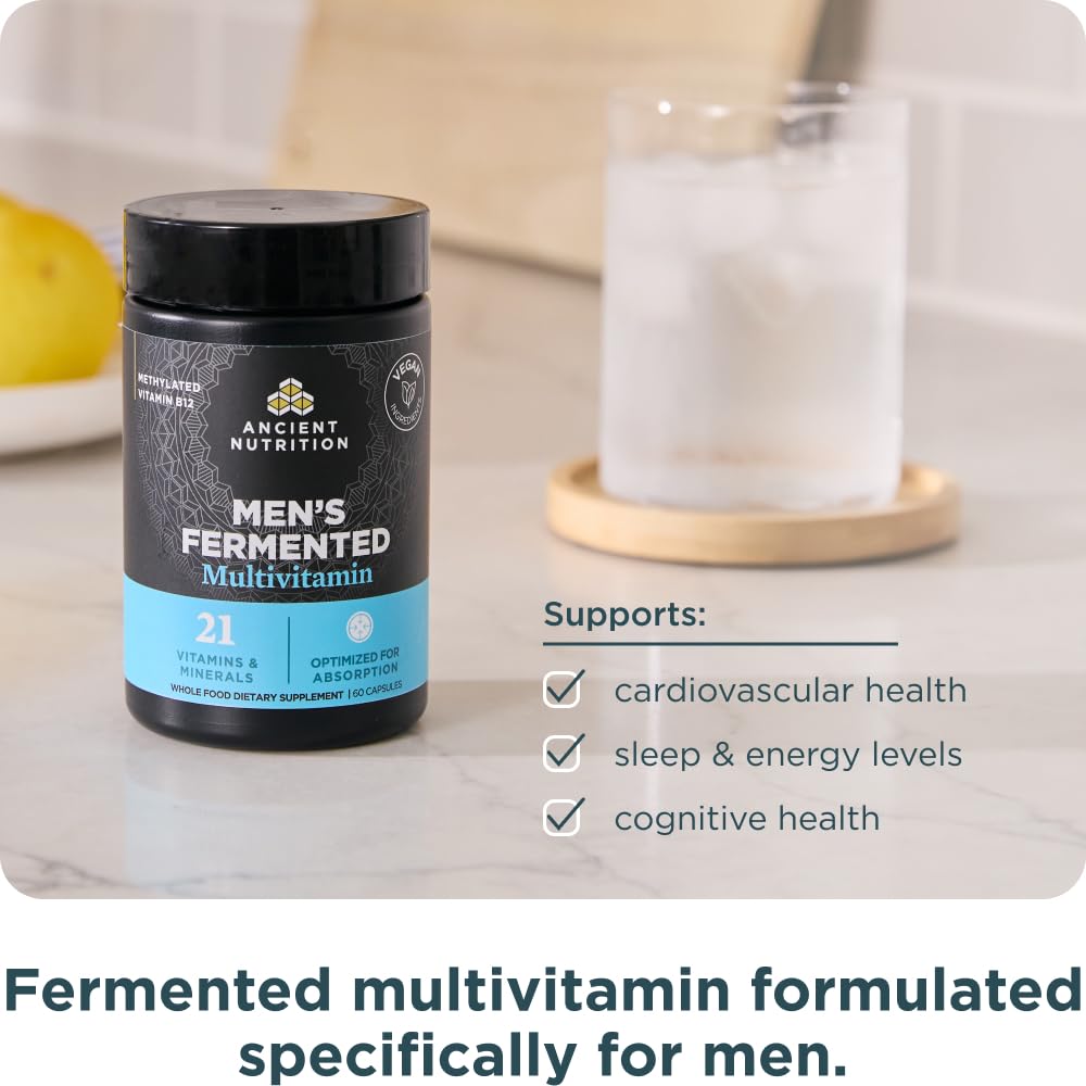 Ancient Nutrition Multivitamin for Men, Men's Fermented Multivitamin with Methylated Vitamin A, C, D, E, K, Zinc & Magnesium, Immune Support, Vegan, 60 Ct