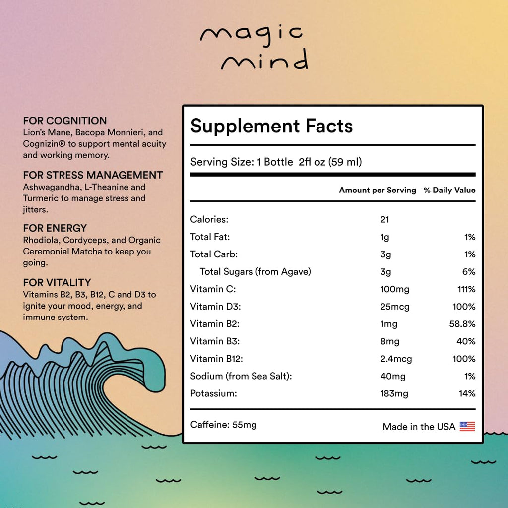Magic Mind Energy And Focus Drink Shots - Stress Relieving, No Jitters, Ashwagandha, Vitamin B12, Vitamin C, Matcha Green Tea, Functional Mushrooms - 2 FL Oz (15 Pack) Magic MindBuy Supplements Australia