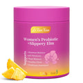 Purple container of Le Tian Xian Women's Probiotic + Slippery Elm with pineapple slices on a white background