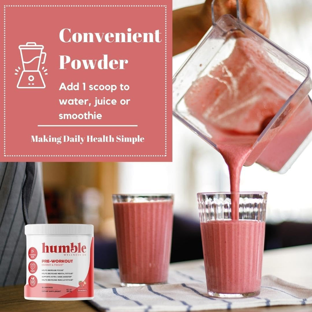 Humble Wellness Pre-Workout: Increase Focus, Decrease Mental Fatigue, Supports Nitric Oxide Booster, Decrease Muscle Fatigue, No Artificial Colors, Vegan, Non GMO, 25 Servings