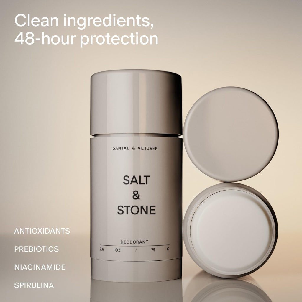 Salt & Stone Aluminum Free Deodorant | Extra Strength 48 Hour Protection for Women & Men | Made with Seaweed Extracts, Niacinamide & Prebiotics | Santal & Vetiver Salt & StoneBuy Supplements Australia