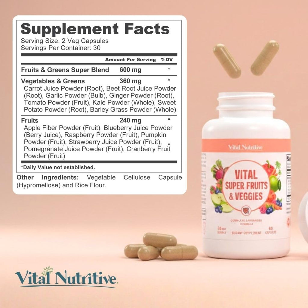 Vital Super Fruits & Veggies - Daily Superfood Capsules for Adults - Fruit & Vegetable Supplements to Boost Immunity & Energy - 2-in-1 Formula for Overall Wellness VITAL NUTRITIVEBuy Supplements Australia