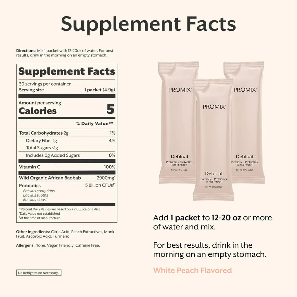 ProMix Nutrition Debloat Prebiotics and Probiotics, Bloating Relief for Women, Gut Cleanse Detox for Men and Immune Support - White Peach - 30 Servings (Pack of 30) ProMix NutritionBuy Supplements Australia