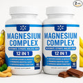 Two bottles of magnesium complex supplement with ingredients on a white background