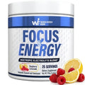 Supplement container labeled 'Focus & Energy' with raspberries and lemons on a white background