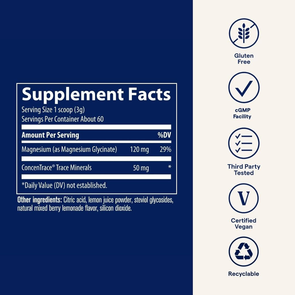 Trace Minerals Magnesium Glycinate Powder - Daily Magnesium Powder for Sleep Support - Calming Bedtime Drink - Natural & Gentle - Mixed Berry Lemonade - 180g (60 Servings) Trace MineralsBuy Supplements Australia