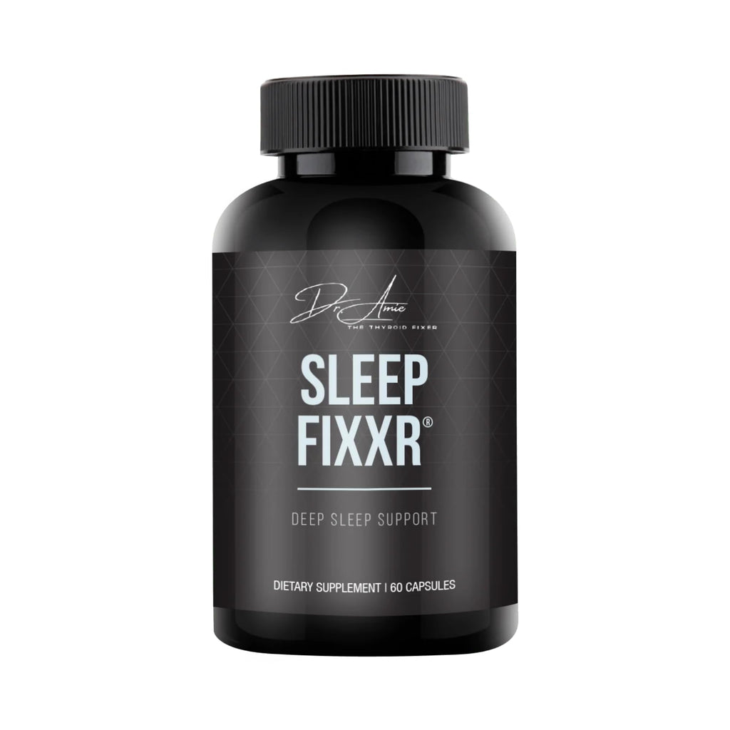 Black bottle of Sleep Fixxr dietary supplement on a white background