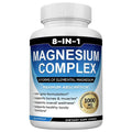 Bottle of 8-IN-1 Magnesium Complex dietary supplement on a white background