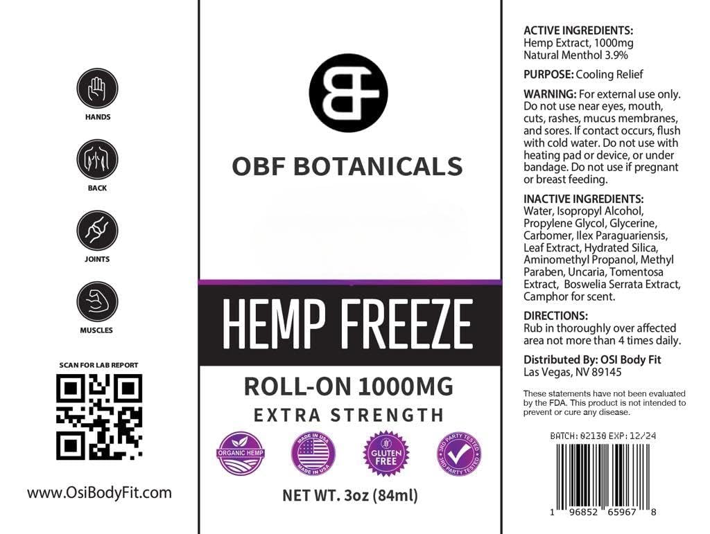 OBF Botanicals Hemp Roll On 3 Oz Instant Effect Topical Pain Relief Hemp Extract and Menthol Concentrated Roll On for Aching Muscles, Joint Relief, Ligaments - 1000mg OBF BotanicalsBuy Supplements Australia