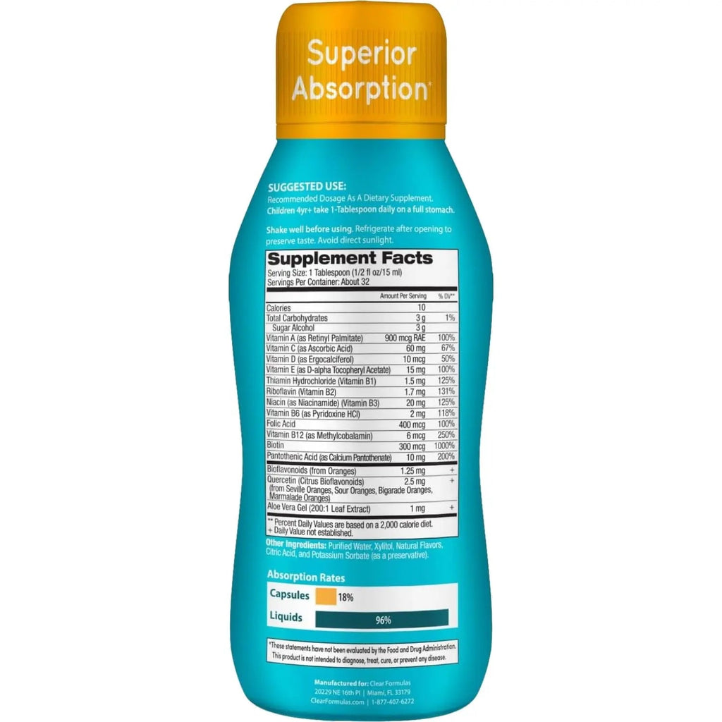 Sugar Free Liquid Multivitamin for Kids - High Absorption Kids Liquid Multivitamin with Vitamins A C D E & B Complex Plus Quercetin Immune Support Complex Clear FormulasBuy Supplements Australia