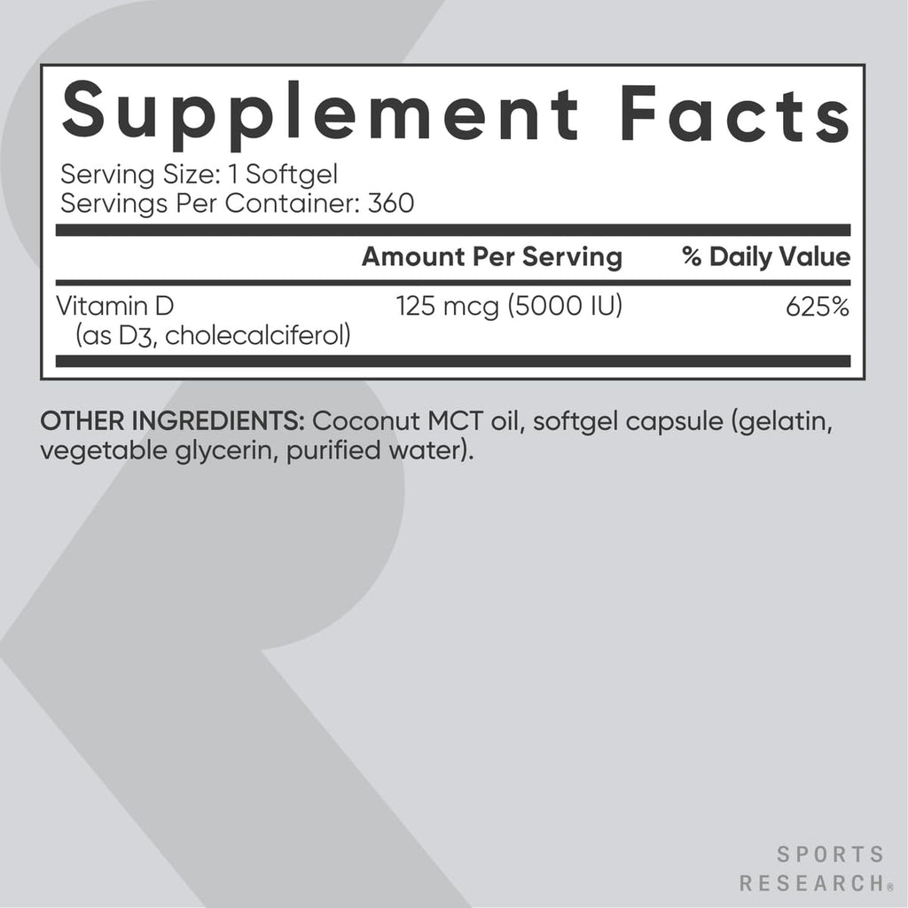 Sports Research Vitamin D3 5000 IU with Coconut MCT Oil - High Potency Vitamin D Supplement for Immune & Bone Support - Non-GMO Verified, Gluten & Soy Free – 125mcg, 360 Liquid Softgels Sports Research buy supplements Au