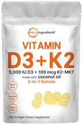 Micro Ingredients Vitamin D3 5000 IU Plus K2 (MK-7) 100 mcg, 300 Virgin Coconut Oil Softge