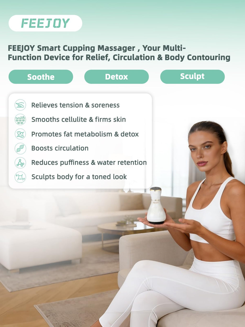 FEEJOY Electric Lymphatic Drainage Massager with Pulse Therapy & Heat – 12-Level Cupping Massage Device for Cellulite Reduction, Body Sculpting, Deep Tissue Pain Relief & Muscle Recovery, White FEEJOY buy supplements Au